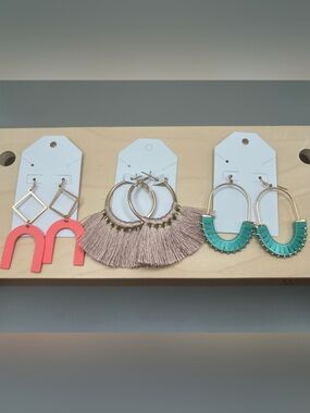 Boho Statement Dangle Earrings Lot 3 Pair Pink Coral Turquoise Gold Tone NEW
